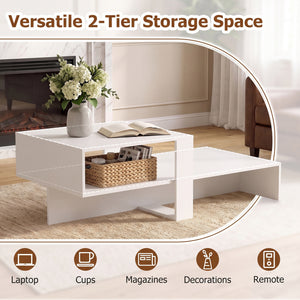 2-Tier Coffee Table Modern Irregular Center Table with Open Storage Shelf-White