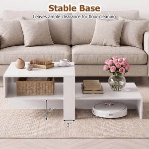 2-Tier Coffee Table Modern Irregular Center Table with Open Storage Shelf-White