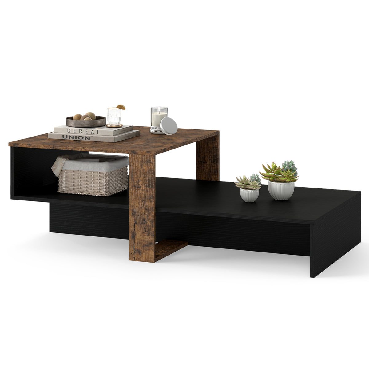 2-Tier Coffee Table Modern Irregular Center Table with Open Storage Shelf-Black & Brown