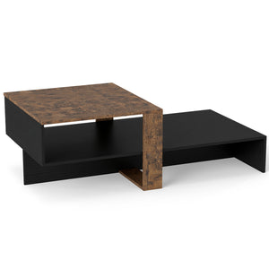 2-Tier Coffee Table Modern Irregular Center Table with Open Storage Shelf-Black & Brown