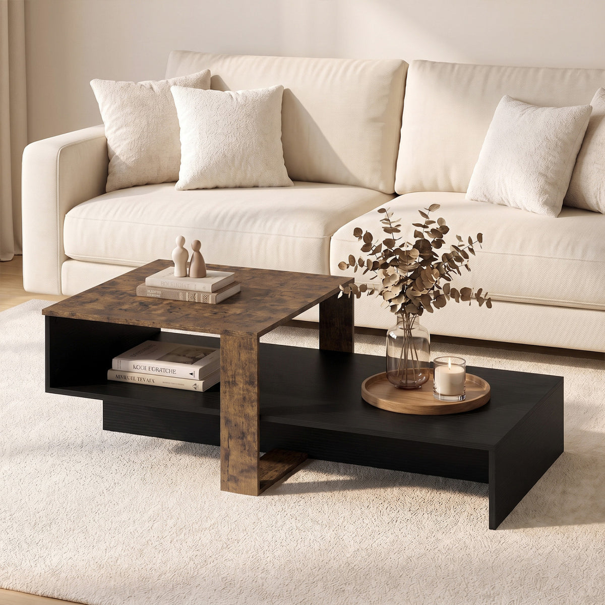 2-Tier Coffee Table Modern Irregular Center Table with Open Storage Shelf-Black & Brown