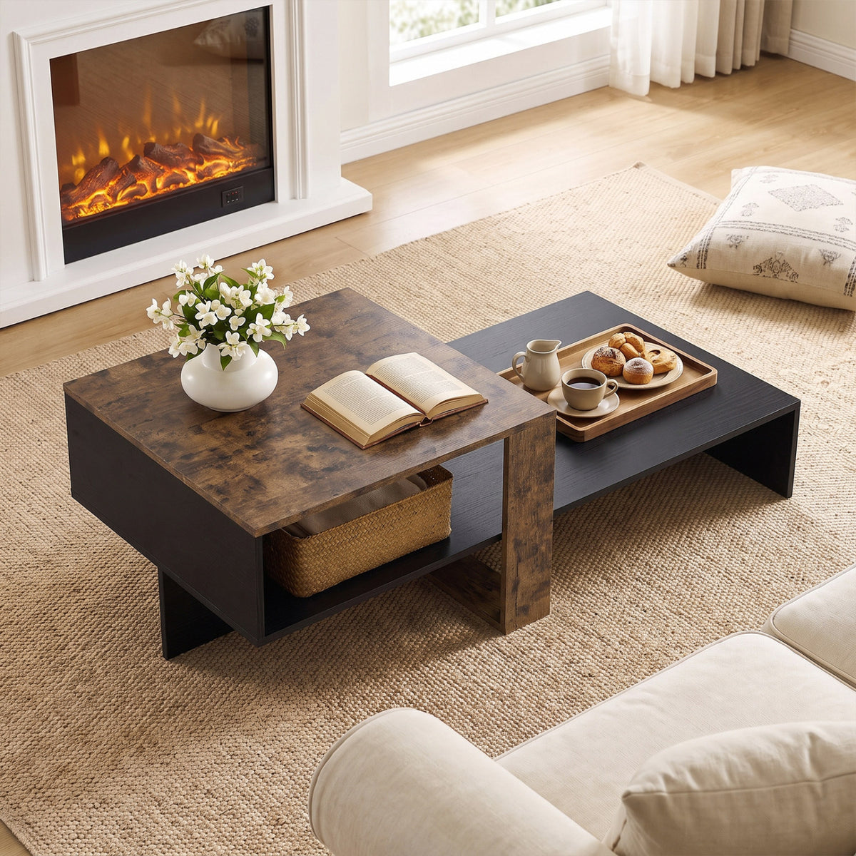 2-Tier Coffee Table Modern Irregular Center Table with Open Storage Shelf-Black & Brown