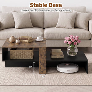 2-Tier Coffee Table Modern Irregular Center Table with Open Storage Shelf-Black & Brown