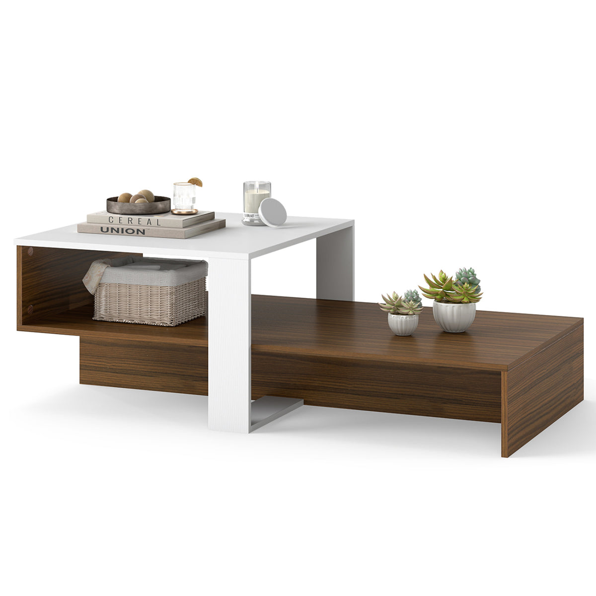2-Tier Coffee Table Modern Irregular Center Table with Open Storage Shelf-White & Brown