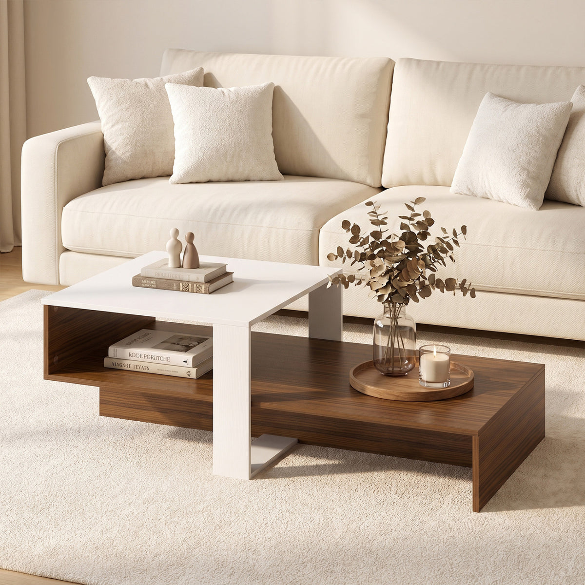 2-Tier Coffee Table Modern Irregular Center Table with Open Storage Shelf-White & Brown
