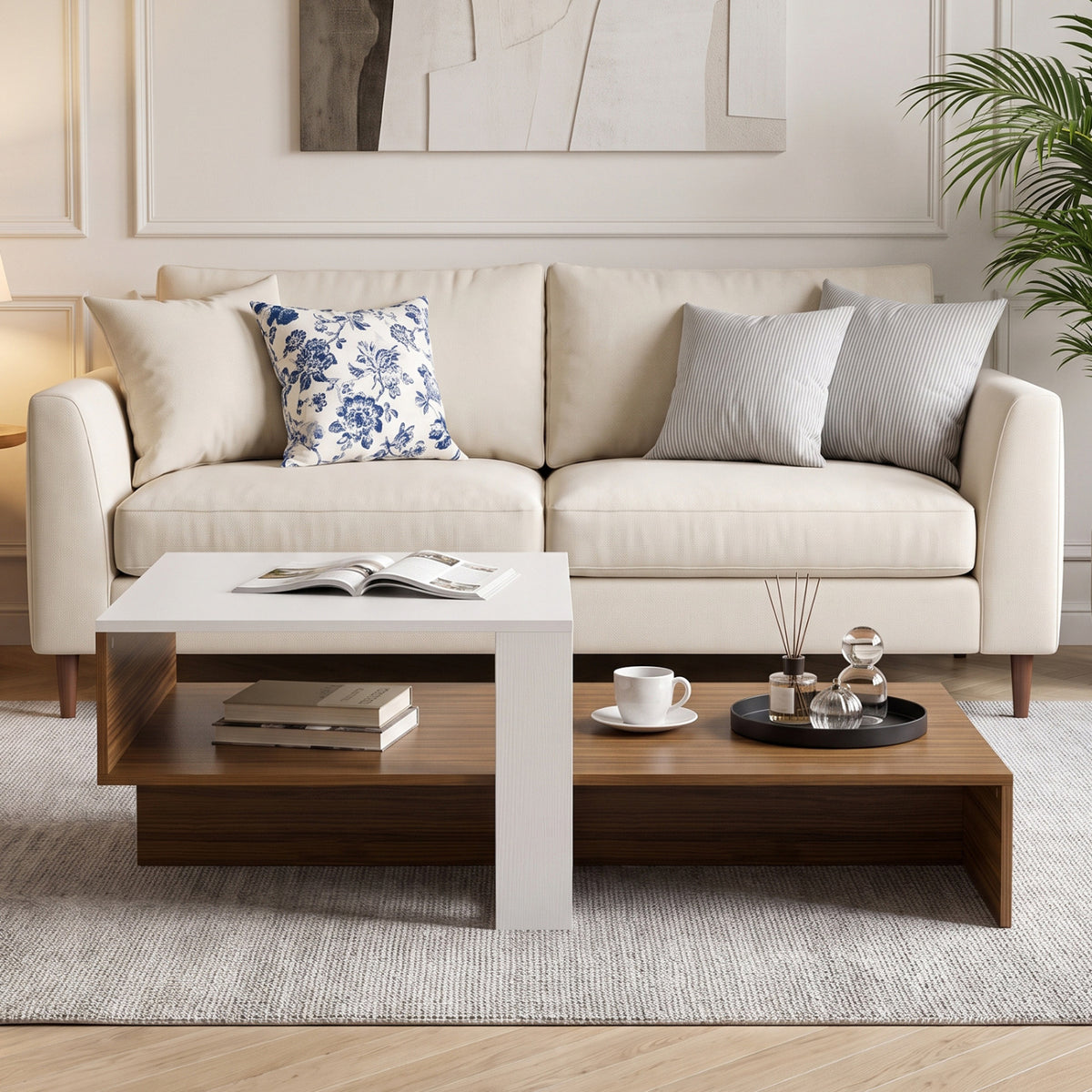 2-Tier Coffee Table Modern Irregular Center Table with Open Storage Shelf-White & Brown