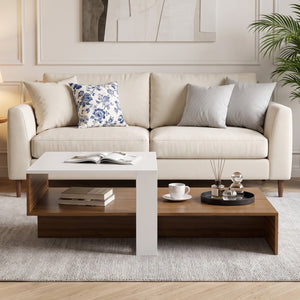 2-Tier Coffee Table Modern Irregular Center Table with Open Storage Shelf-White & Brown