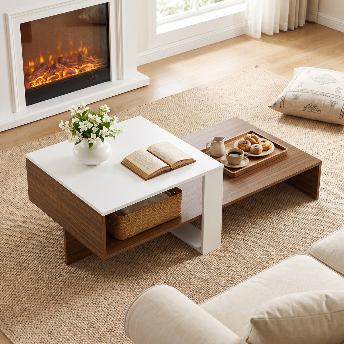 2-Tier Coffee Table Modern Irregular Center Table with Open Storage Shelf-White & Brown
