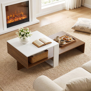 2-Tier Coffee Table Modern Irregular Center Table with Open Storage Shelf-White & Brown