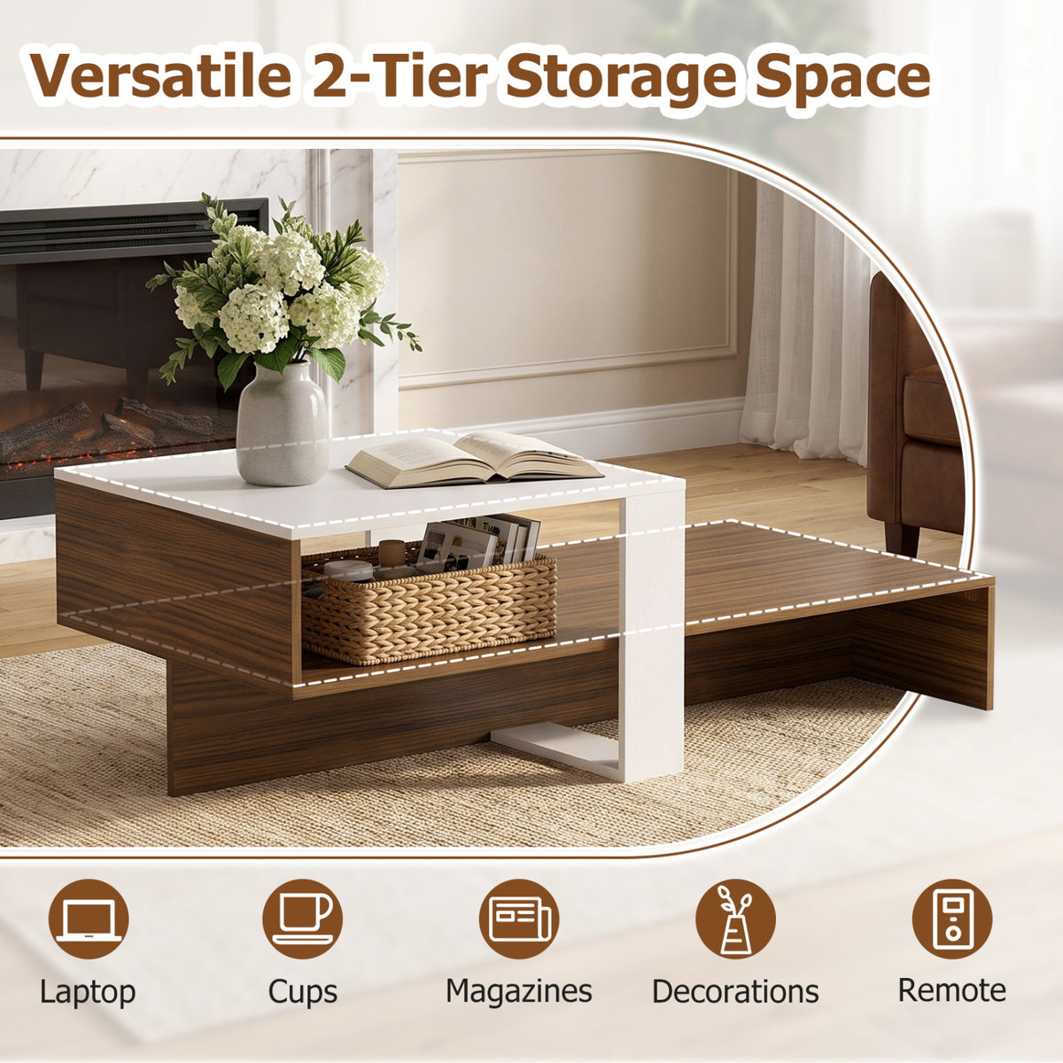 2-Tier Coffee Table Modern Irregular Center Table with Open Storage Shelf-White & Brown