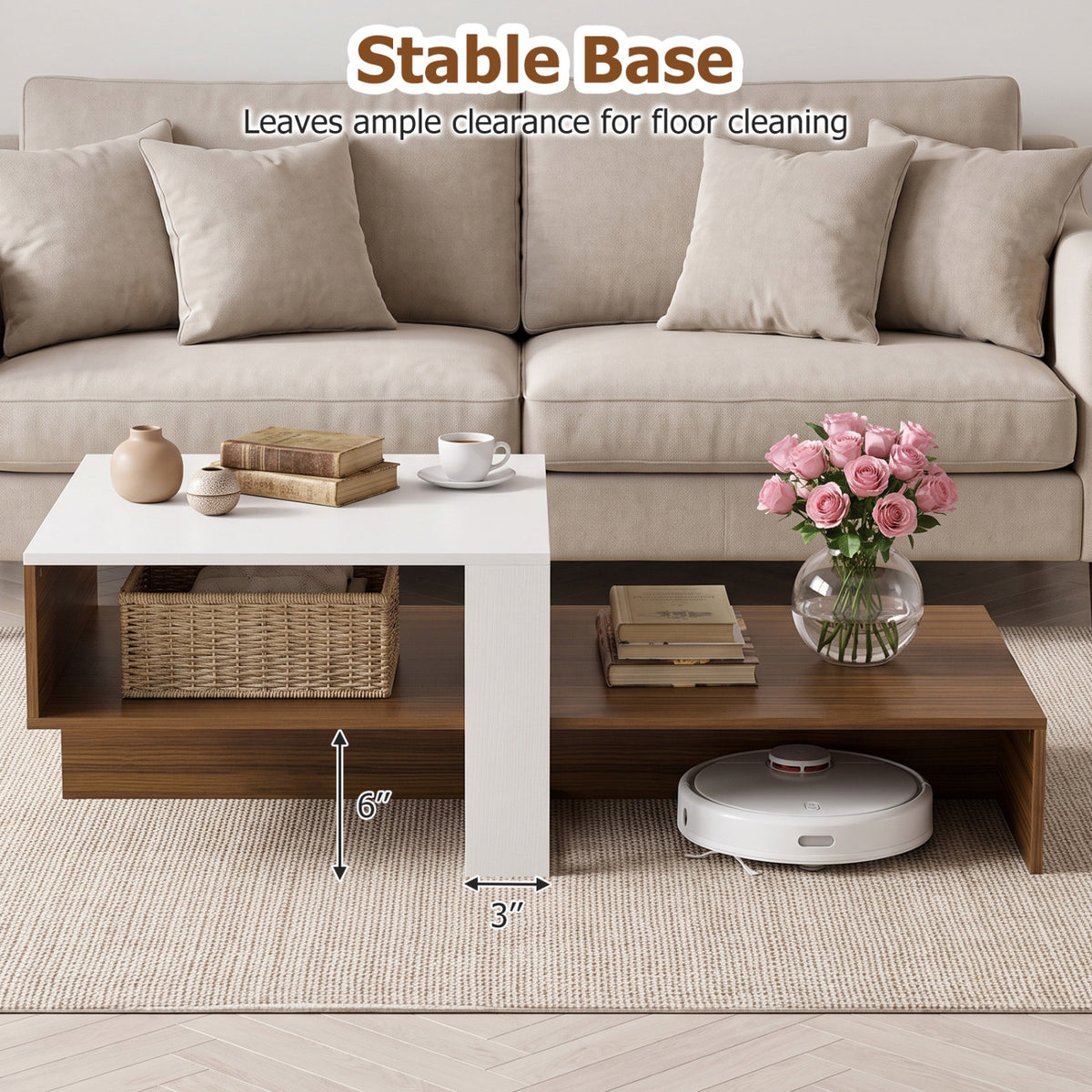2-Tier Coffee Table Modern Irregular Center Table with Open Storage Shelf-White & Brown