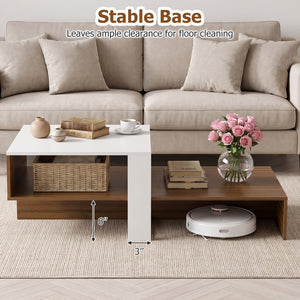 2-Tier Coffee Table Modern Irregular Center Table with Open Storage Shelf-White & Brown