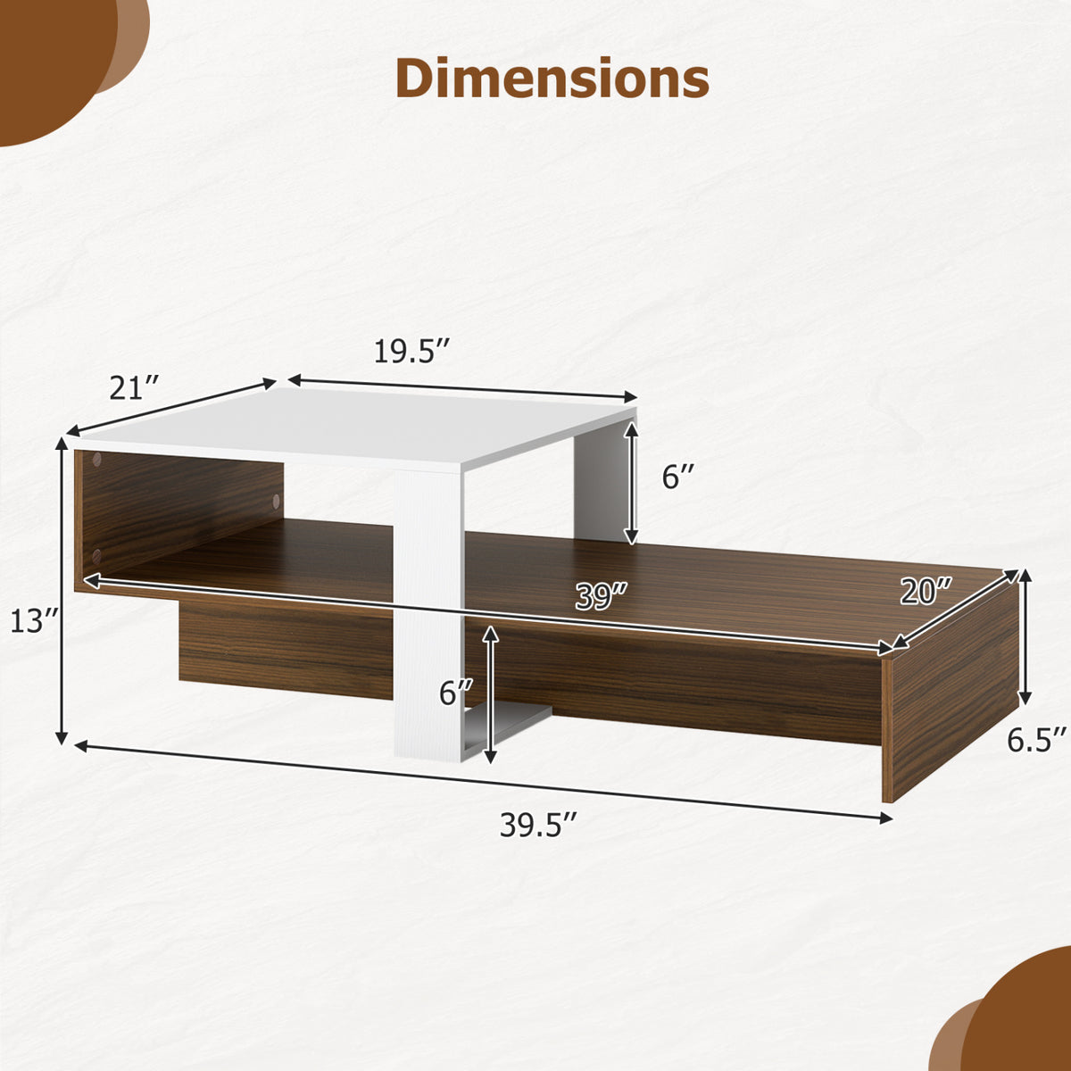 2-Tier Coffee Table Modern Irregular Center Table with Open Storage Shelf-White & Brown