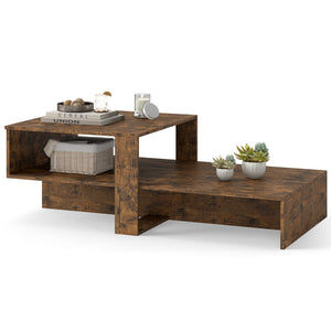 2-Tier Coffee Table Modern Irregular Center Table with Open Storage Shelf-Brown