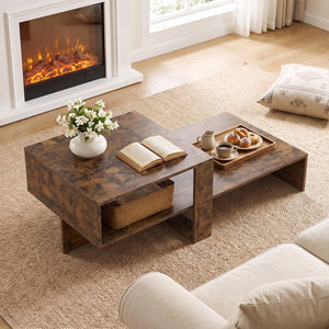 2-Tier Coffee Table Modern Irregular Center Table with Open Storage Shelf-Brown