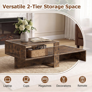2-Tier Coffee Table Modern Irregular Center Table with Open Storage Shelf-Brown