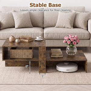 2-Tier Coffee Table Modern Irregular Center Table with Open Storage Shelf-Brown