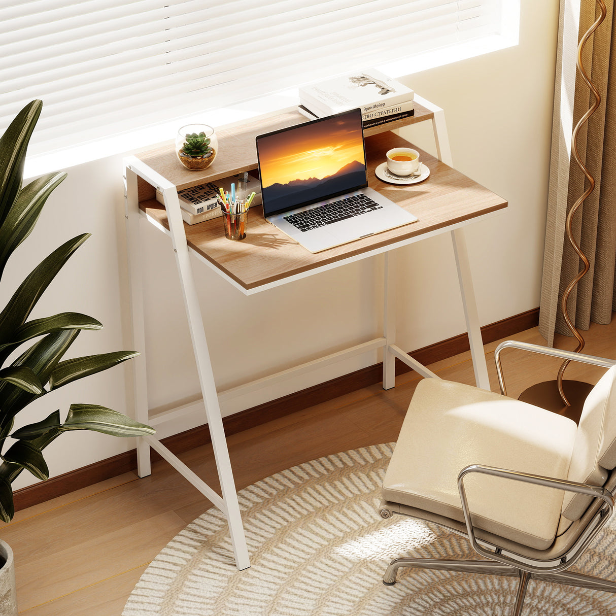 2 Tier Computer Desk PC Laptop Table Study Writing Home Office Workstation New-Walnut