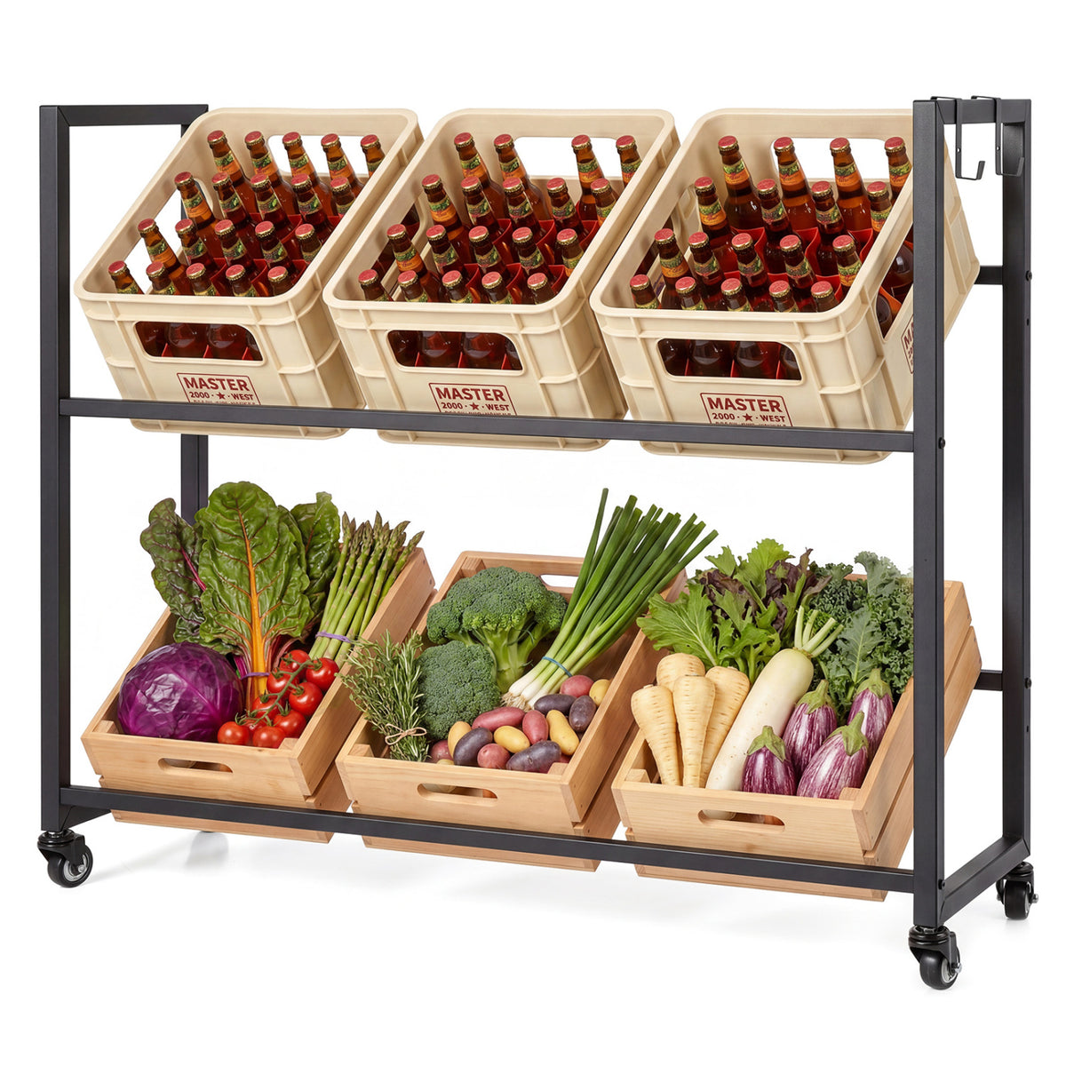 2-Tier Drink Crate Rack with 4 Universal Wheels for Beer and Water Kitchen and Bar-Black