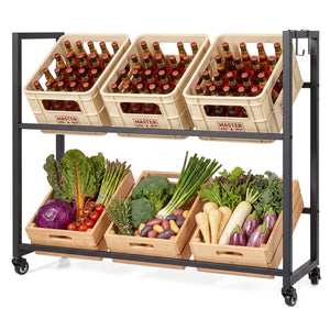 2-Tier Drink Crate Rack with 4 Universal Wheels for Beer and Water Kitchen and Bar-Black