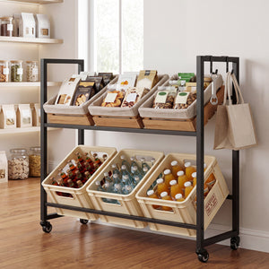 2-Tier Drink Crate Rack with 4 Universal Wheels for Beer and Water Kitchen and Bar-Black