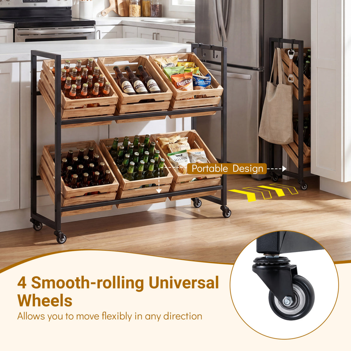 2-Tier Drink Crate Rack with 4 Universal Wheels for Beer and Water Kitchen and Bar-Black