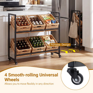 2-Tier Drink Crate Rack with 4 Universal Wheels for Beer and Water Kitchen and Bar-Black