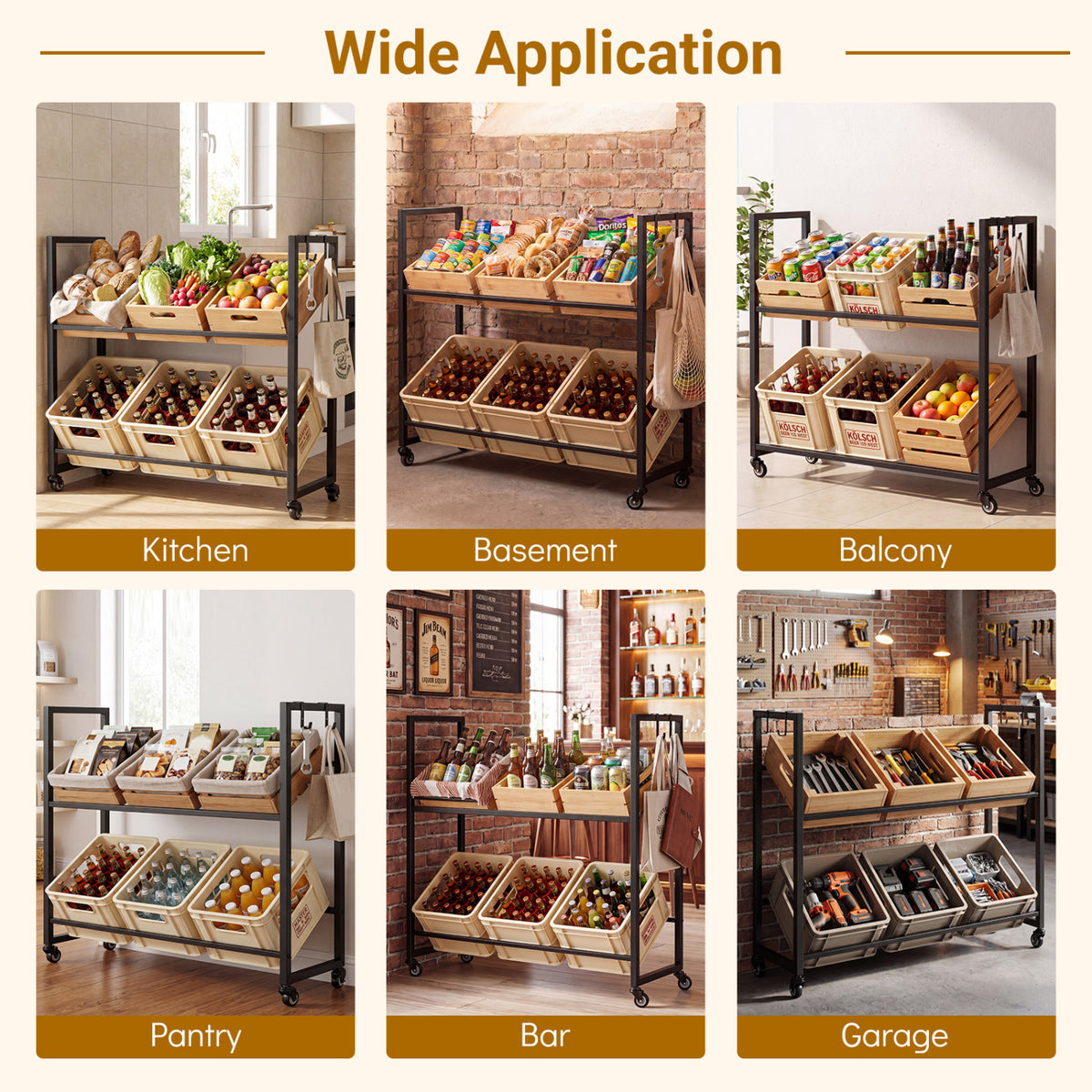 2-Tier Drink Crate Rack with 4 Universal Wheels for Beer and Water Kitchen and Bar-Black