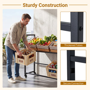 2-Tier Drink Crate Rack with 4 Universal Wheels for Beer and Water Kitchen and Bar-Black