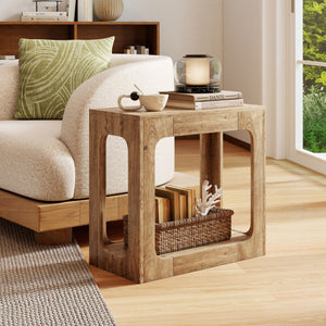 2-Tier End Table with Storage Shelf for Living Room-Oak