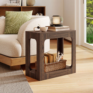2-Tier End Table with Storage Shelf for Living Room-Walnut