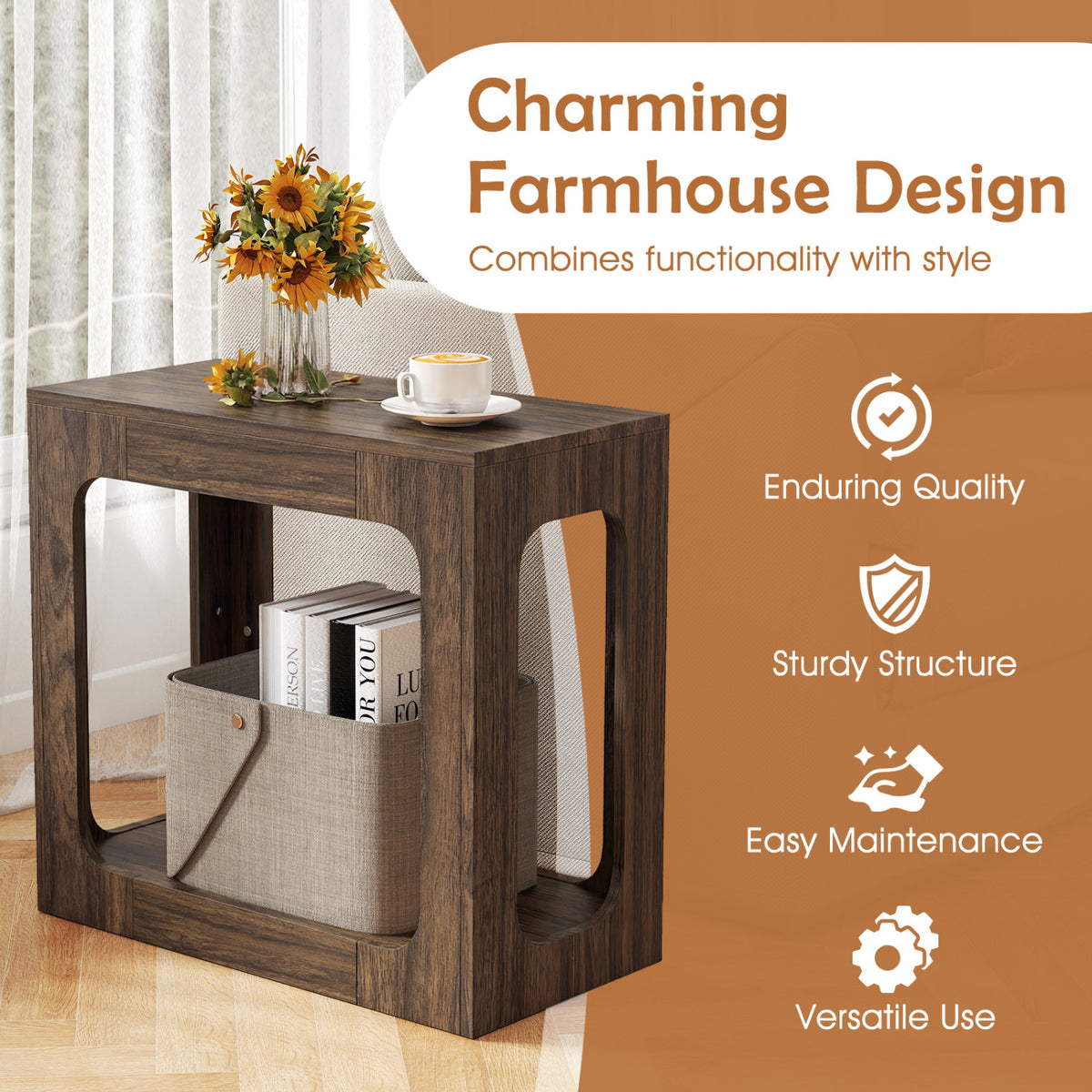2-Tier End Table with Storage Shelf for Living Room-Walnut