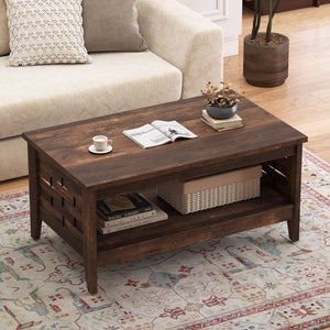2-Tier Farmhouse Coffee Table with Open Shelf and Woven Decorations for Living Room-Rustic Brown