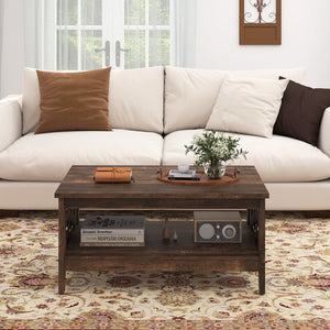 2-Tier Farmhouse Coffee Table with Open Shelf and Woven Decorations for Living Room-Rustic Brown
