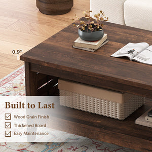 2-Tier Farmhouse Coffee Table with Open Shelf and Woven Decorations for Living Room-Rustic Brown