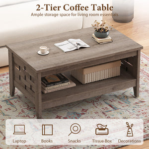 2-Tier Farmhouse Coffee Table with Open Shelf and Woven Decorations for Living Room-Oak