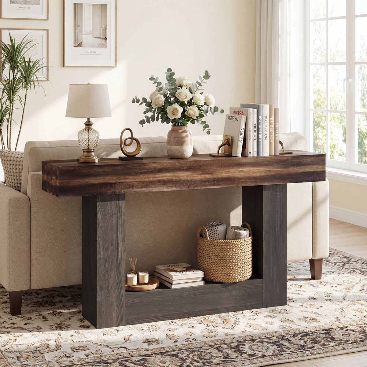 2-Tier Farmhouse Console Table 63" Long with Storage Shelf-Rustic Brown