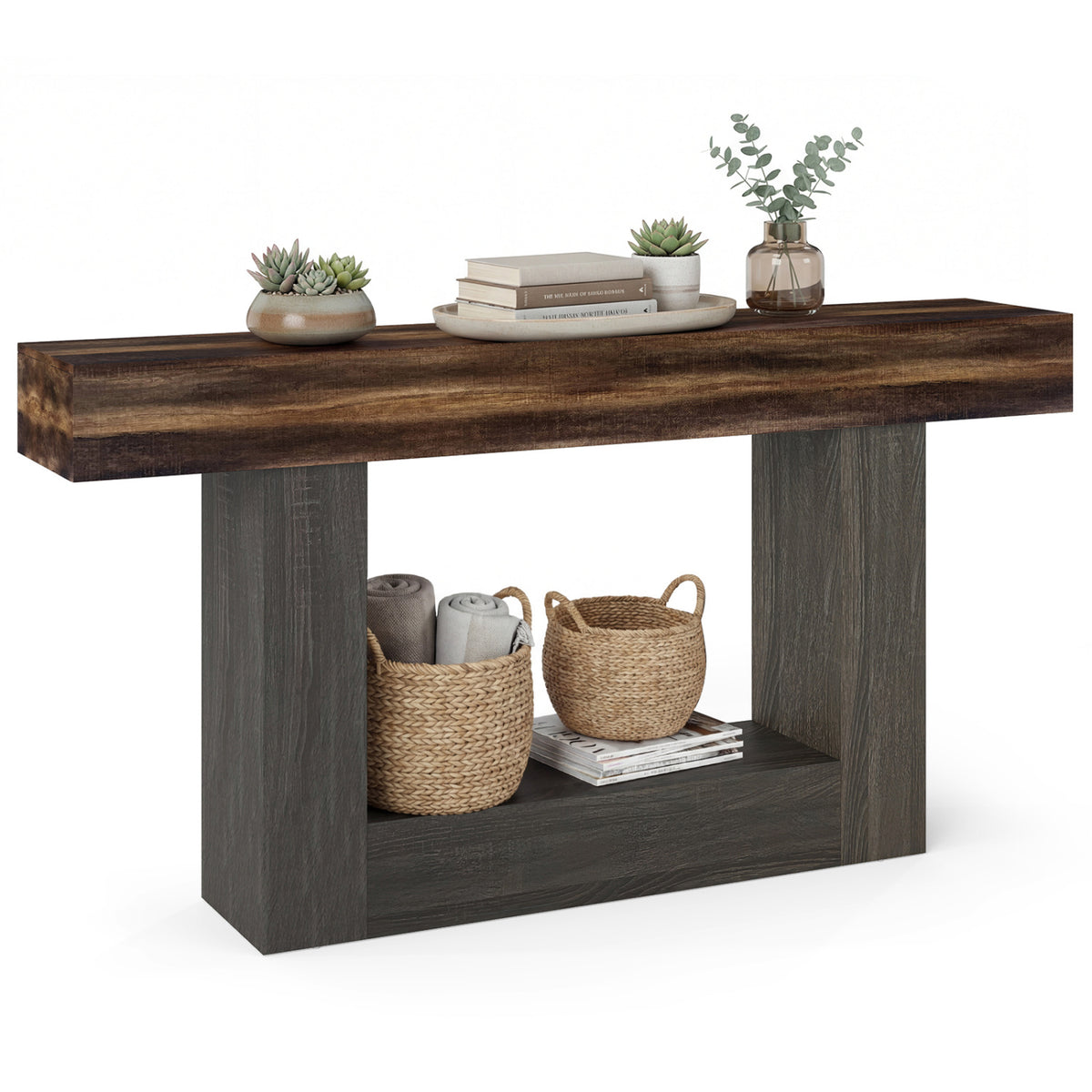 2-Tier Farmhouse Console Table 63" Long with Storage Shelf-Rustic Brown
