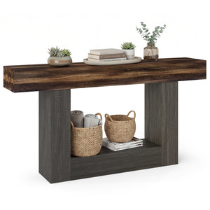 2-Tier Farmhouse Console Table 63" Long with Storage Shelf-Rustic Brown