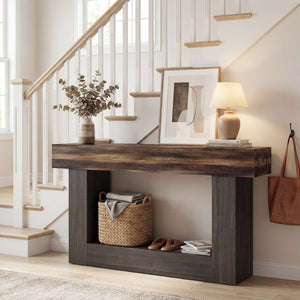 2-Tier Farmhouse Console Table 63" Long with Storage Shelf-Rustic Brown