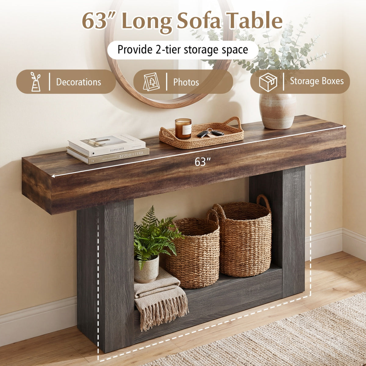 2-Tier Farmhouse Console Table 63" Long with Storage Shelf-Rustic Brown