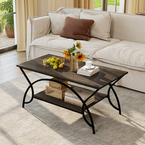 2-Tier Faux Marble Coffee Table with Marble Top and Metal Frame-Oak