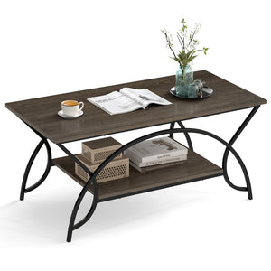 2-Tier Faux Marble Coffee Table with Marble Top and Metal Frame-Oak