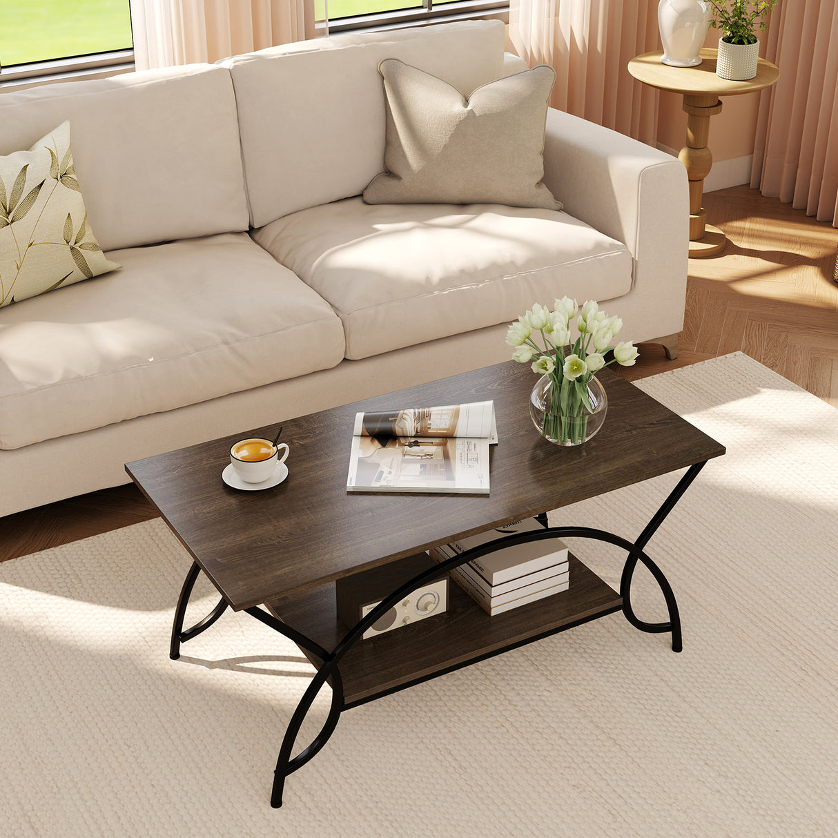 2-Tier Faux Marble Coffee Table with Marble Top and Metal Frame-Oak
