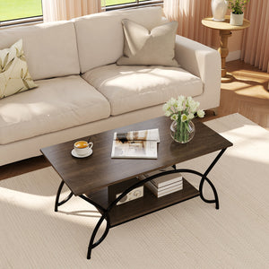 2-Tier Faux Marble Coffee Table with Marble Top and Metal Frame-Oak