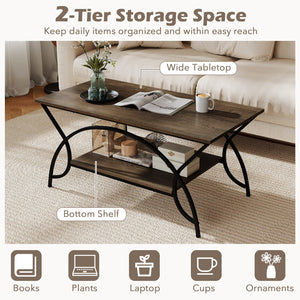 2-Tier Faux Marble Coffee Table with Marble Top and Metal Frame-Oak