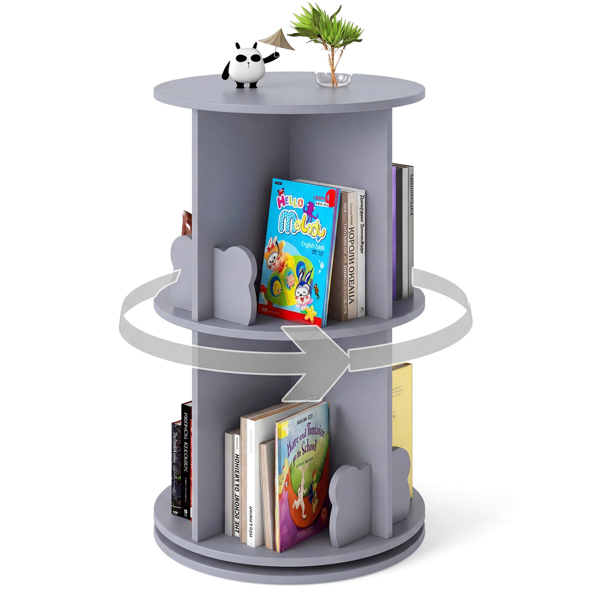 2 Tier Freestanding Kids Rotating Bookshelf Storage Rack with Bear Baffles-Gray