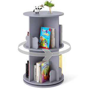 2 Tier Freestanding Kids Rotating Bookshelf Storage Rack with Bear Baffles-Gray