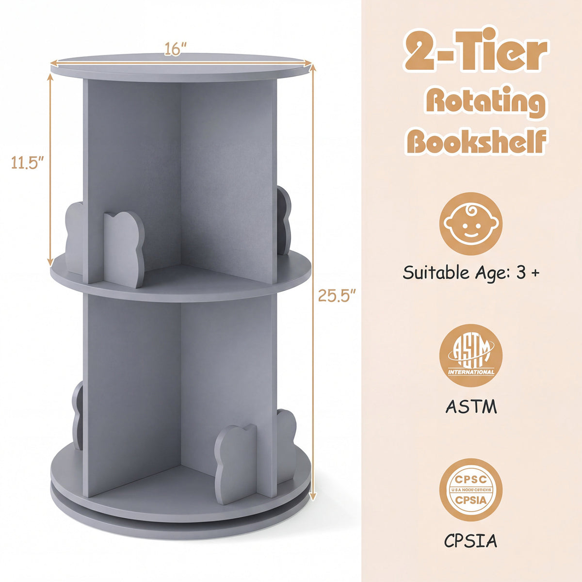 2 Tier Freestanding Kids Rotating Bookshelf Storage Rack with Bear Baffles-Gray