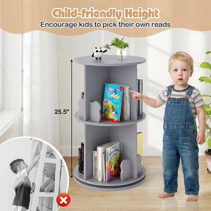 2 Tier Freestanding Kids Rotating Bookshelf Storage Rack with Bear Baffles-Gray